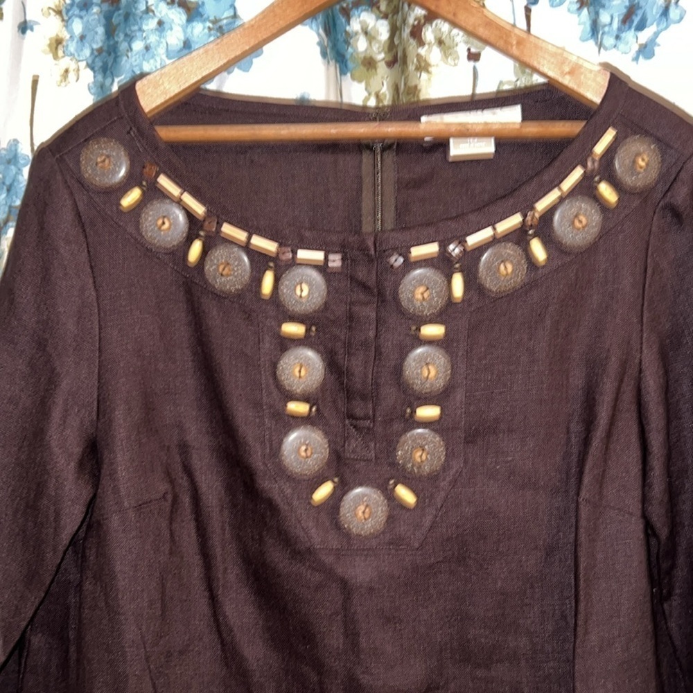 Michael Kors Boho chocolate brown full linen boat neck dress with beads - Picture 2 of 9